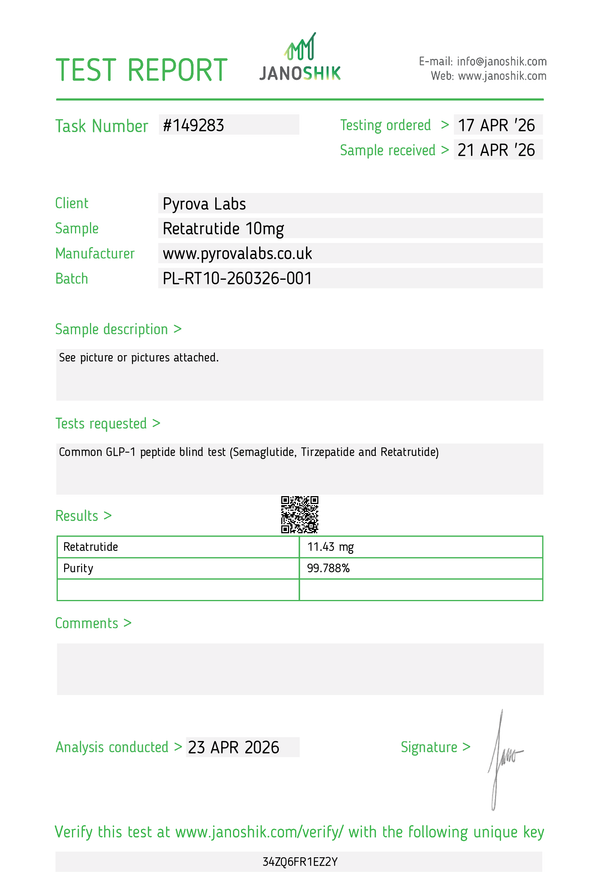 Certificate of Analysis for Retatrutide 10mg batch PL-RT10-260326-001